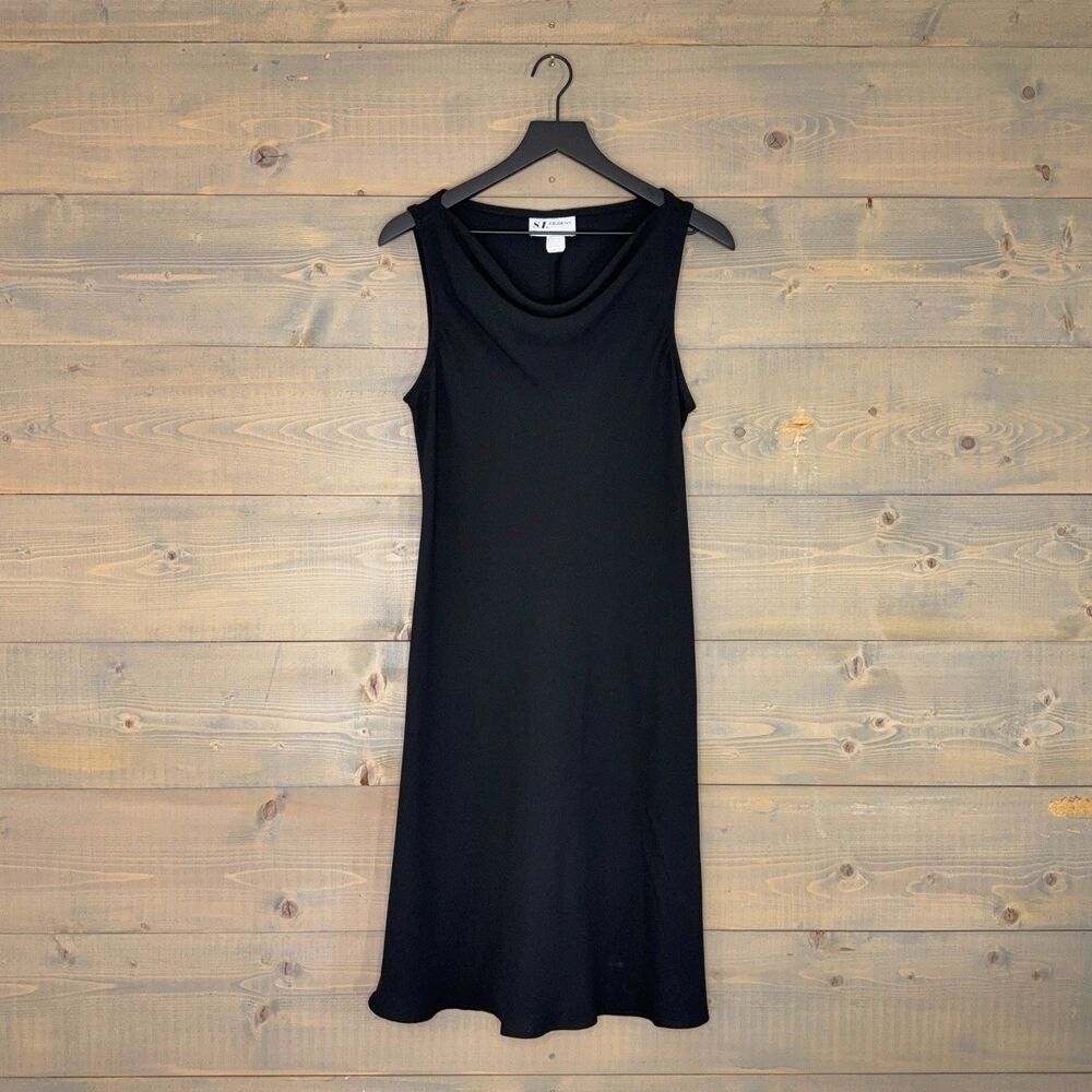 Vintage 1990s S.L. Fashions Draped Collar Black Shift Dress Size 14
